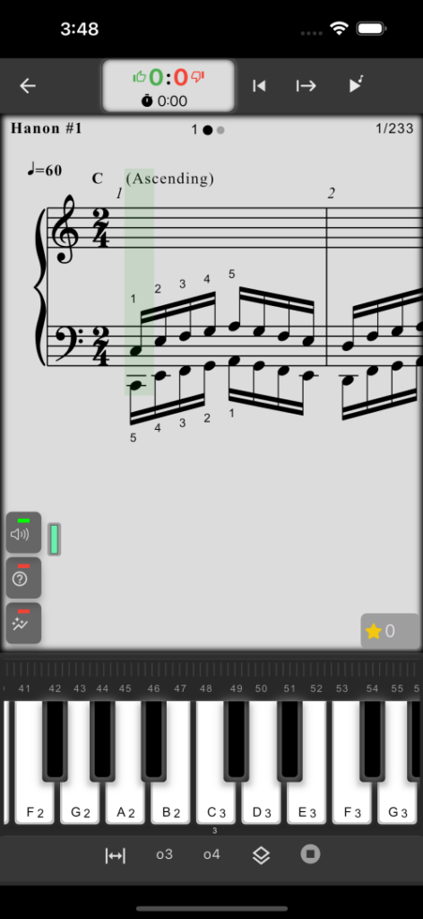 MusicKeyRoll のハノン練習画面