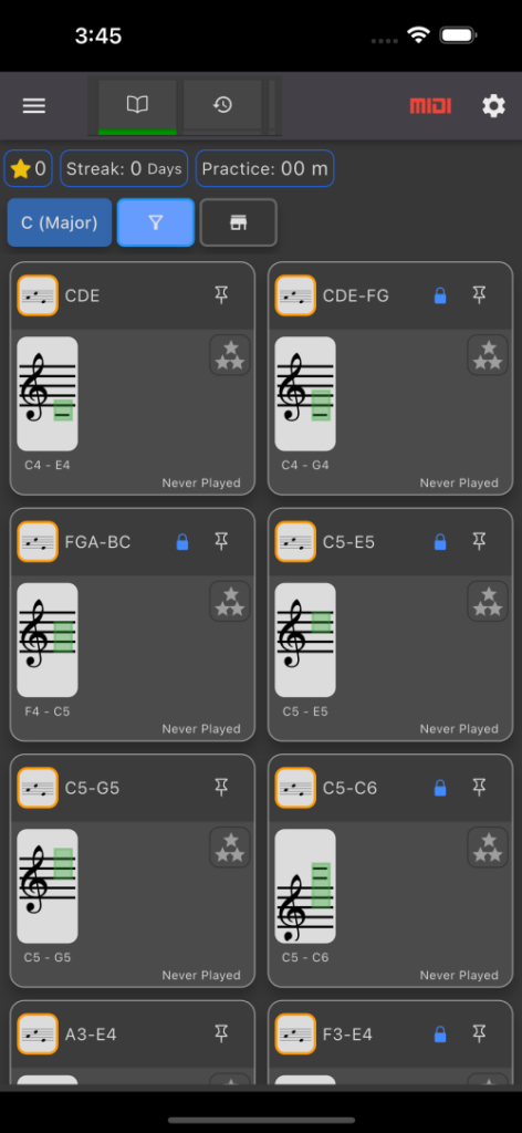 MusicKeyRoll のレッスン画面