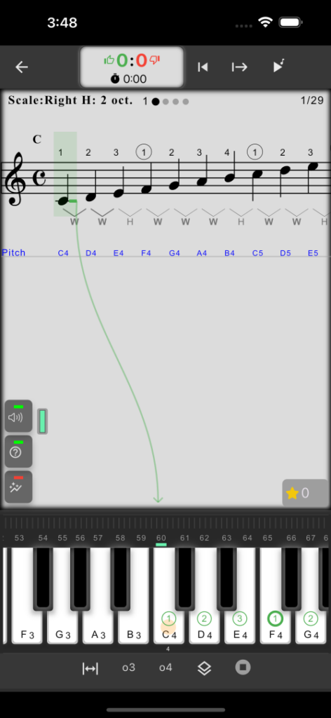 MusicKeyRoll のスケール練習画面