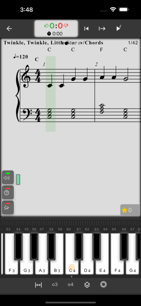 MusicKeyRoll の楽曲練習画面