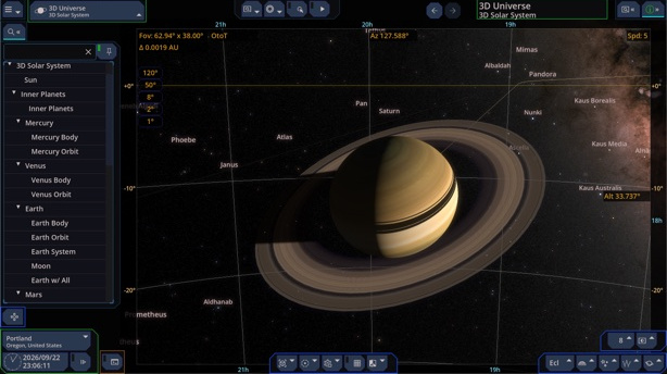 AstroPlotorium screenshot of Saturn in the 3D solar system