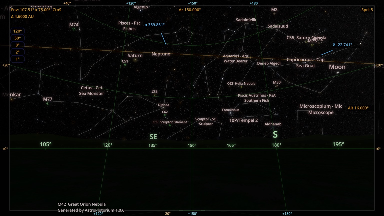 地平線と土星のある、プラネタリウムの夜空