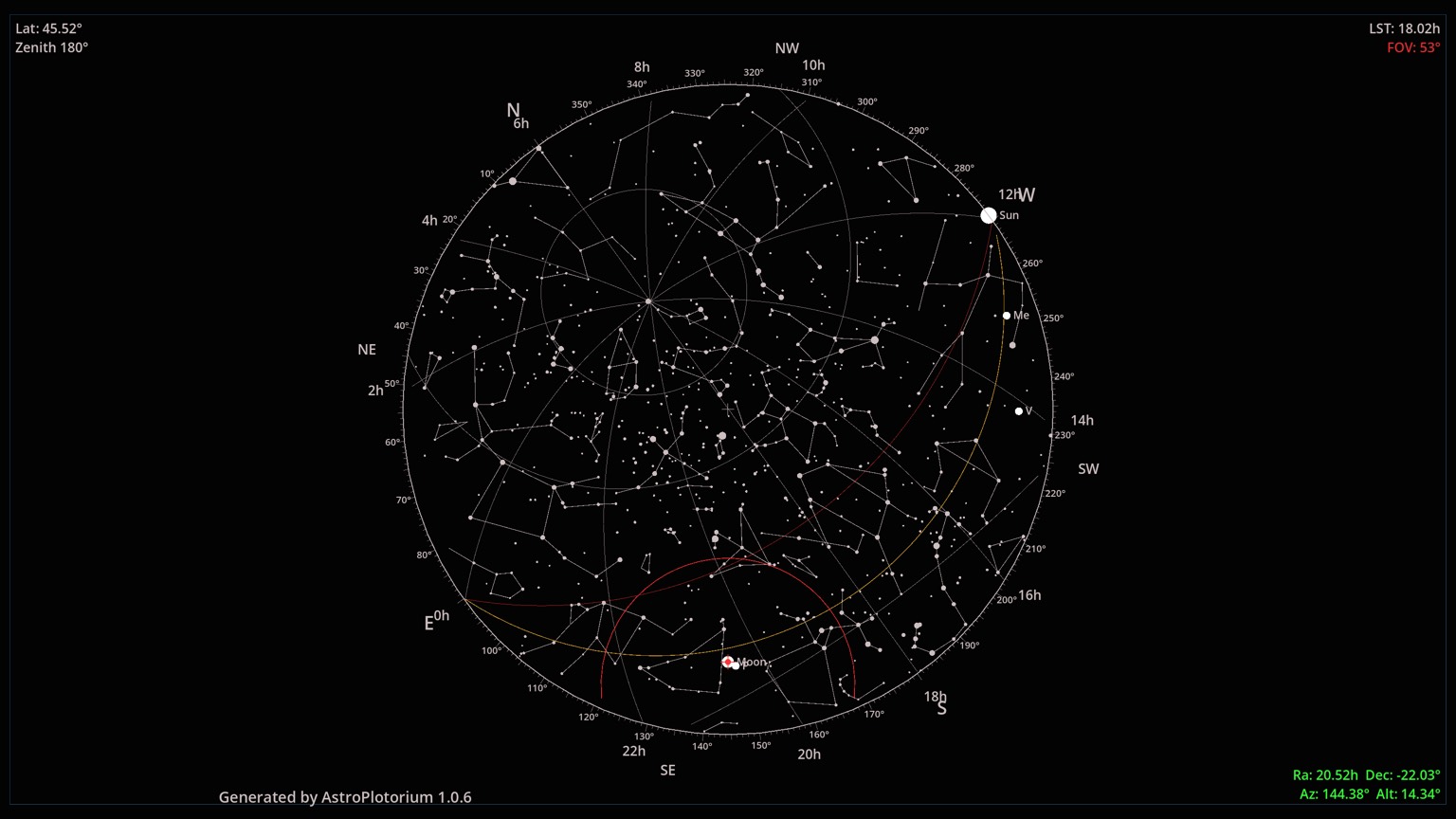 現在の時刻と緯度の星座早見